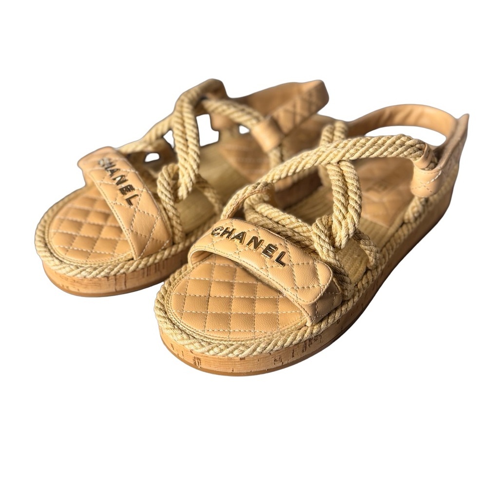 Chanel Cord Lambskin Quilted Logo Sandals in beige Sz41
